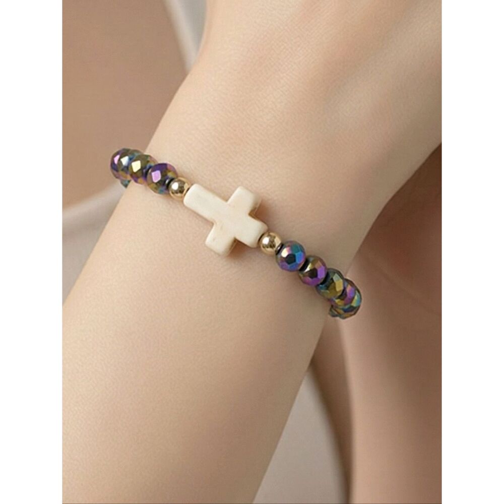 Aura Glow Iridescent Cross Beaded Bracelet Holographic Multicolor Stretch Faith